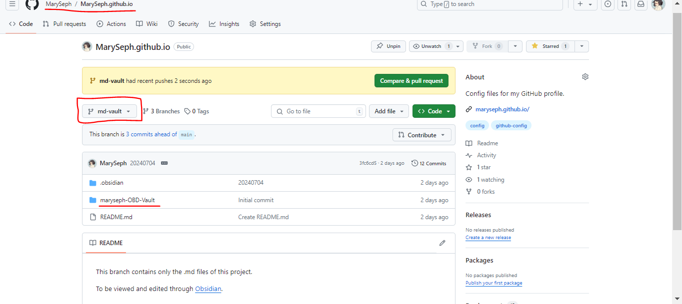 screenshot displaying the Github repo, highlighting the repo's name and the folder (MarySeph.Github.io) and the branch name (md-vault)
